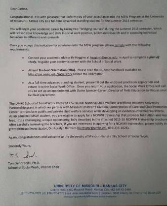 UMKC accpetance letter